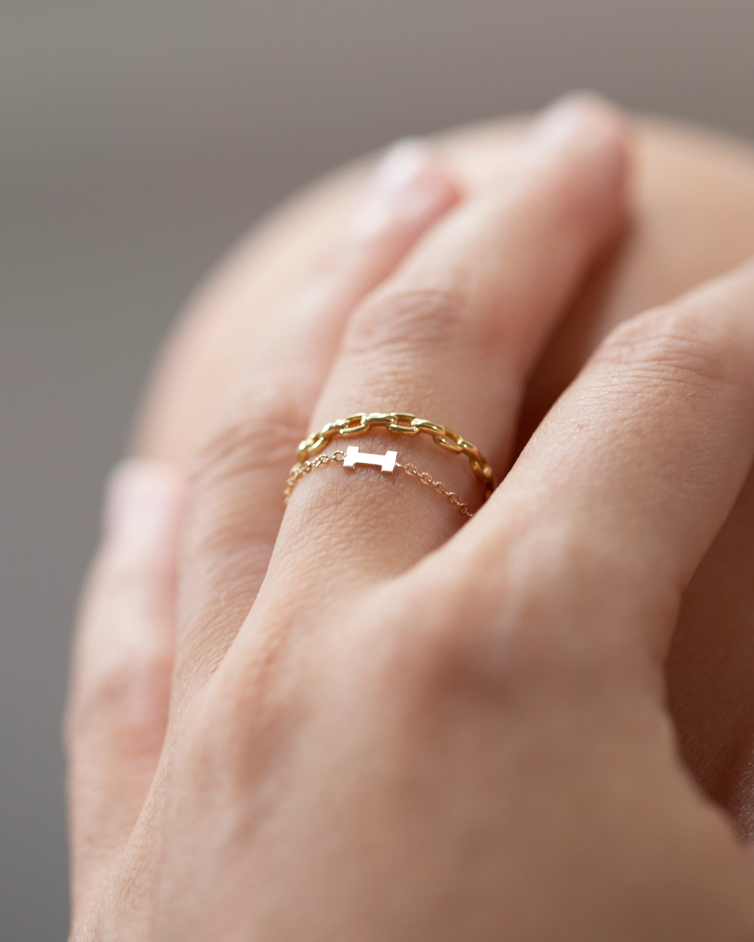 14k Dainty Chain Block letter Initial Ring - Image 2
