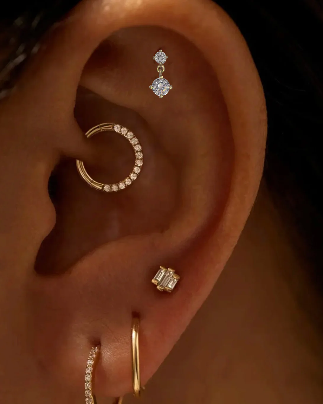 14k Double CZ dangle Ear Stud for Cartilage with flat back - Image 4