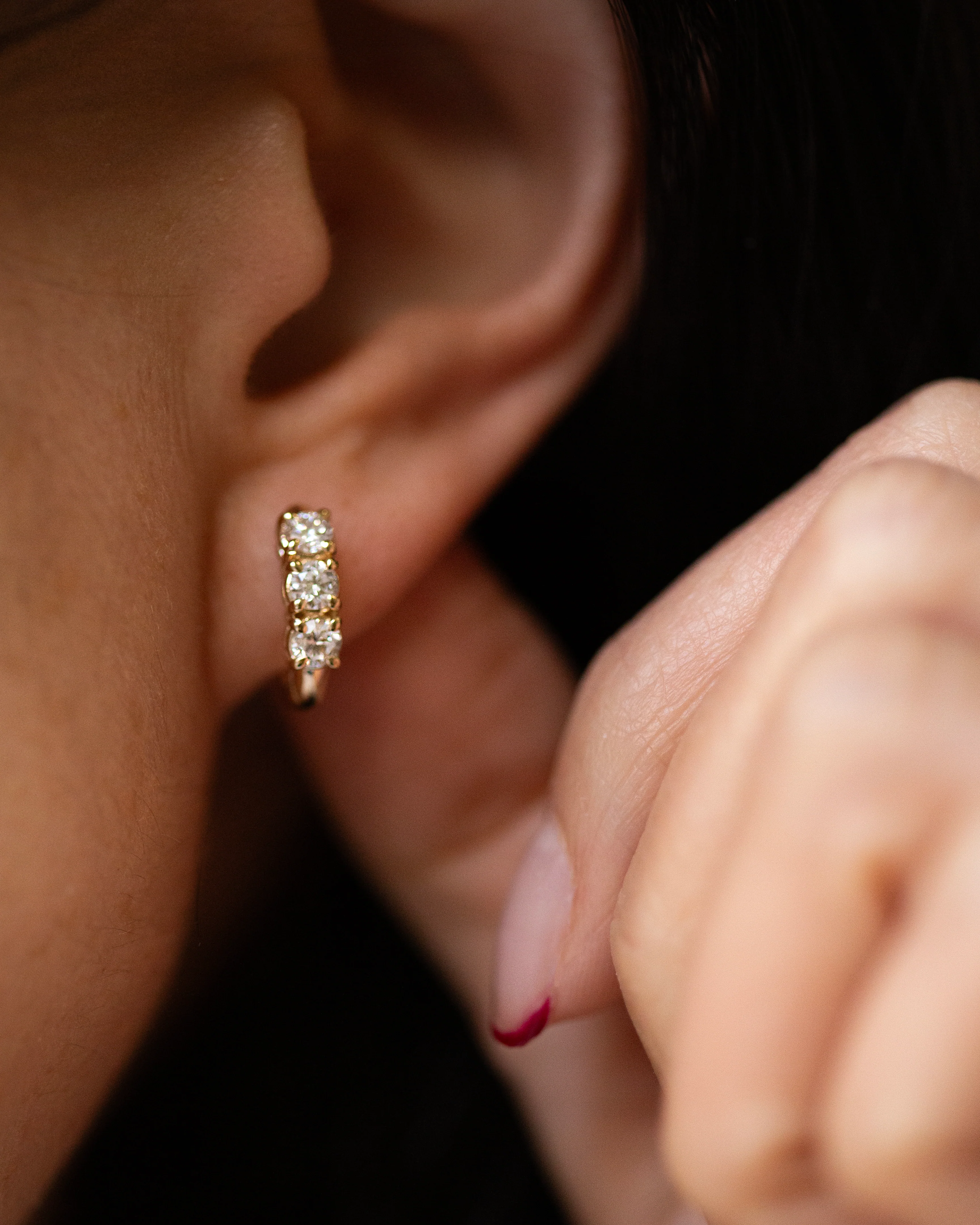 14K Gold 0.60ctw Lab Diamond Triple Stone Huggie Hoop Earrings - Image 2