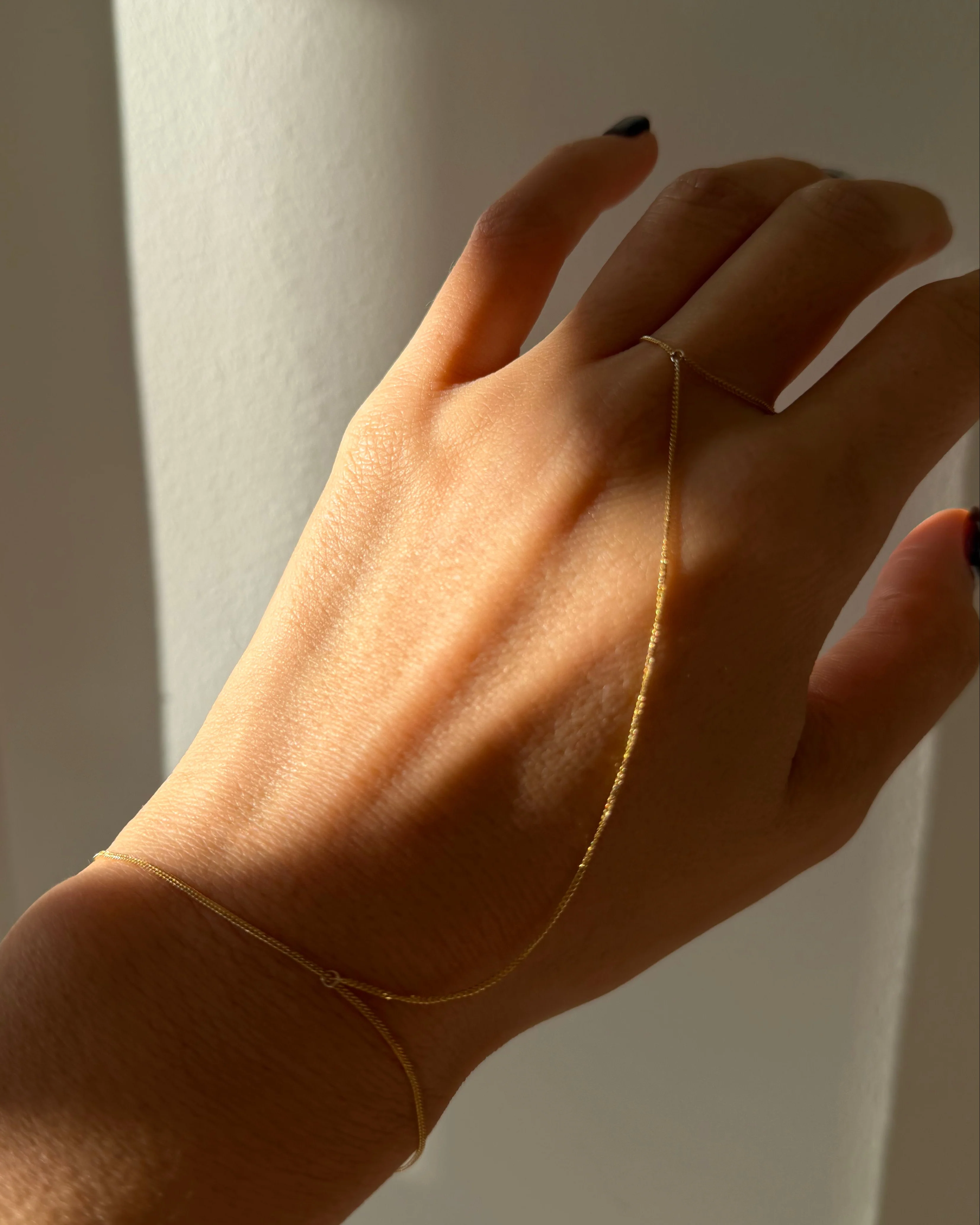14k Gold Dainty Curb Hand Chain Bracelet - Image 2