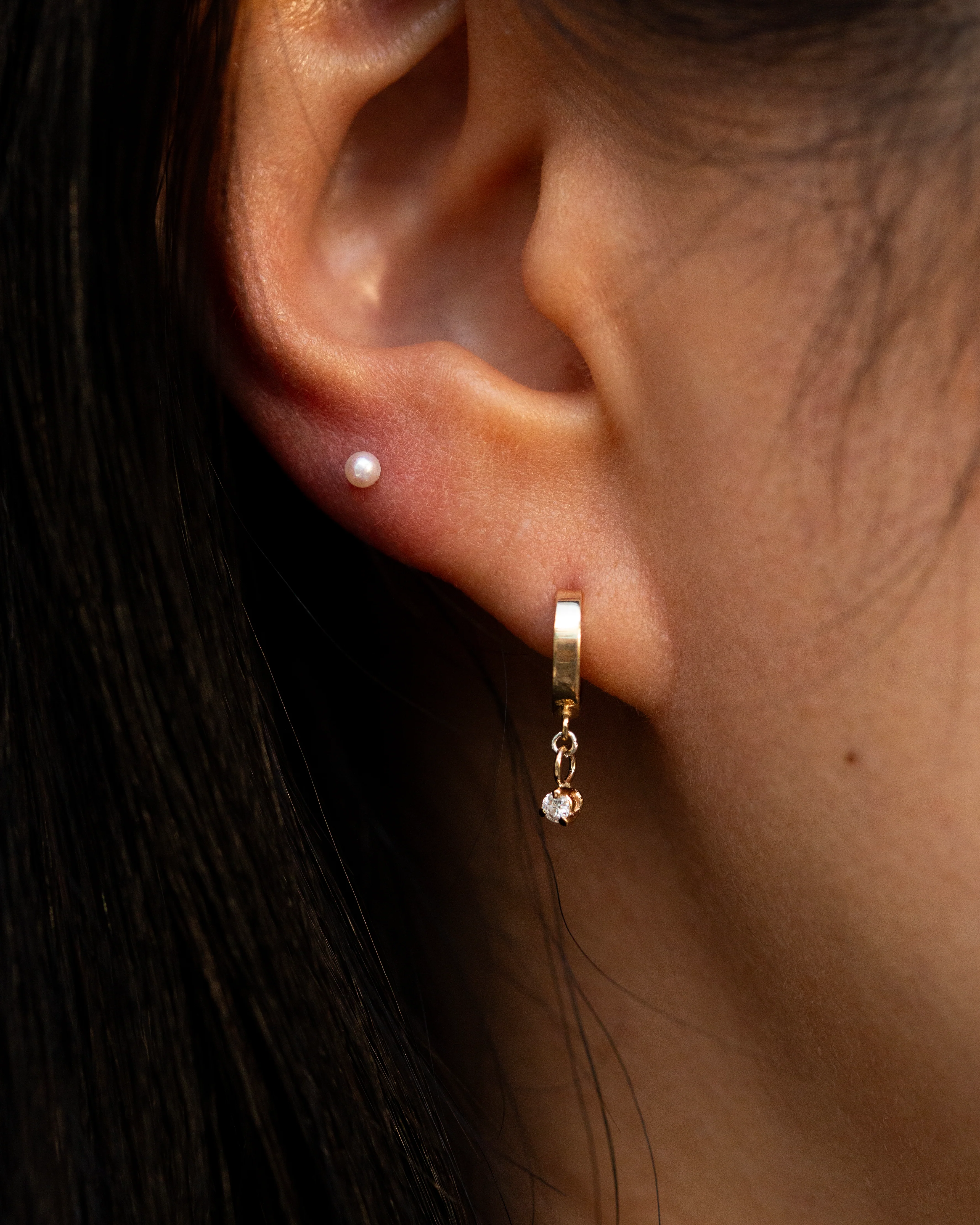 14K Gold Diamond Dangle Huggie Earrings - Image 3