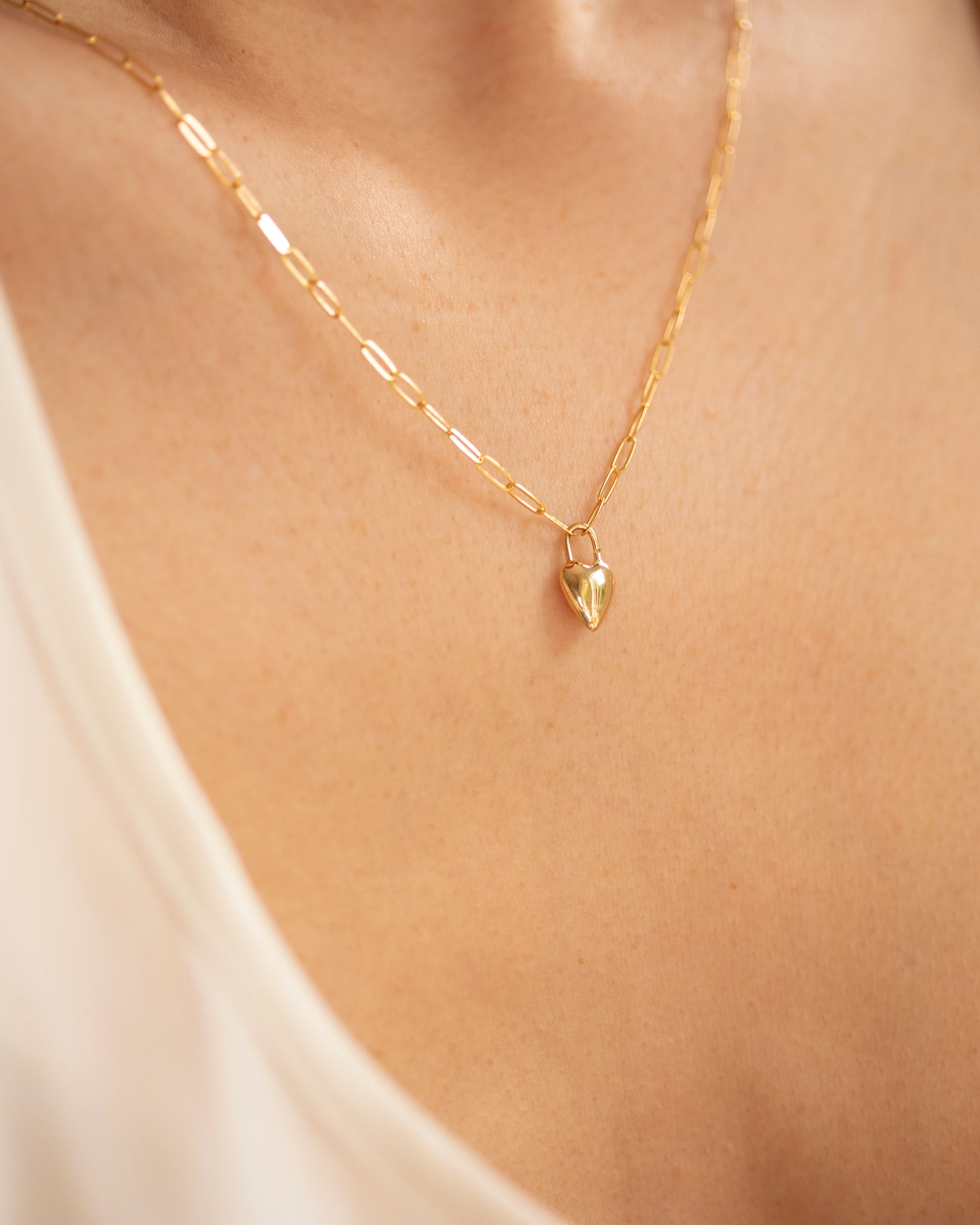 14k Gold Heart Necklace on Dainty Paperclip Chain - Image 5