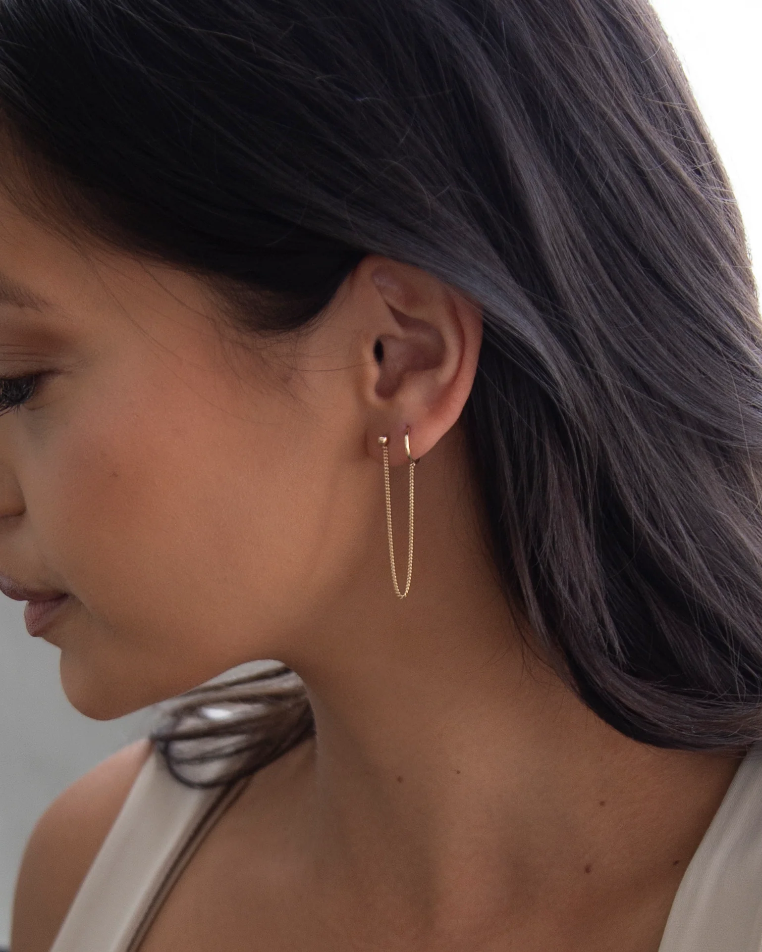 14k Gold Hoop Chained Earring - Image 5