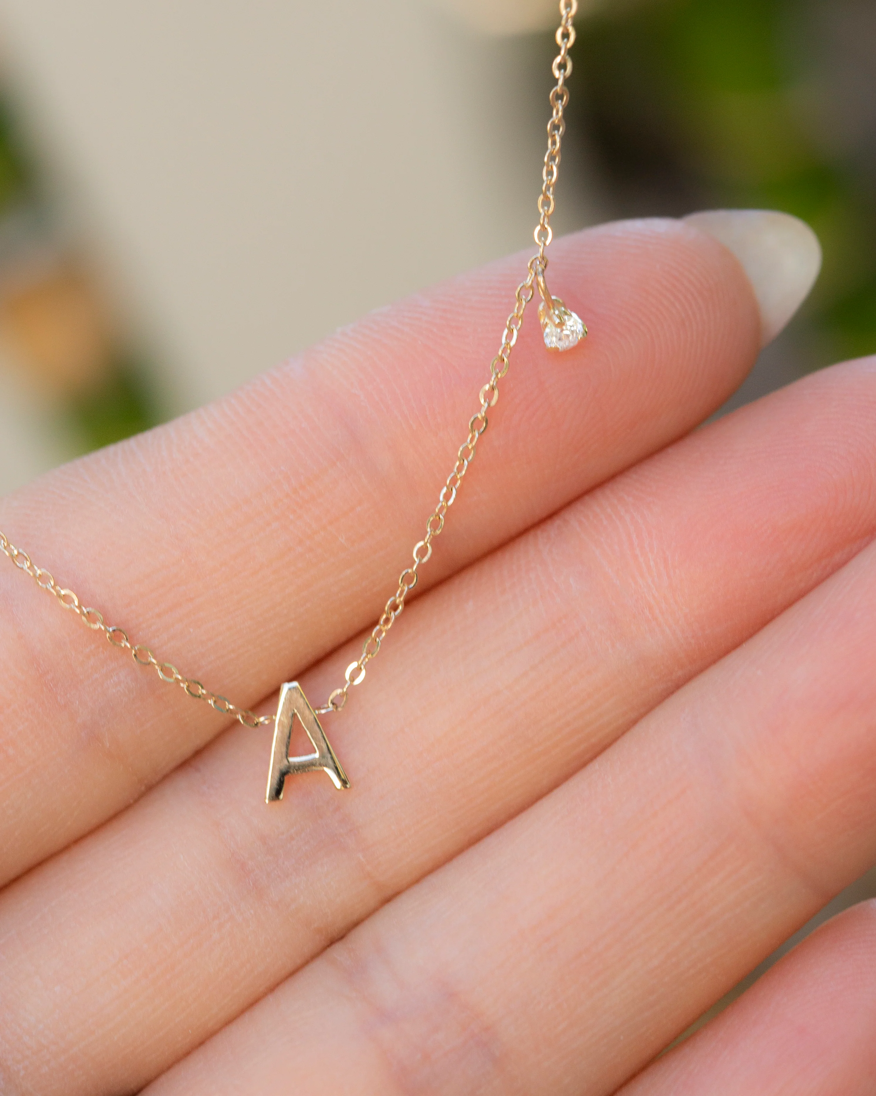 14k gold initial necklace with small side diamond dangle - Image 2