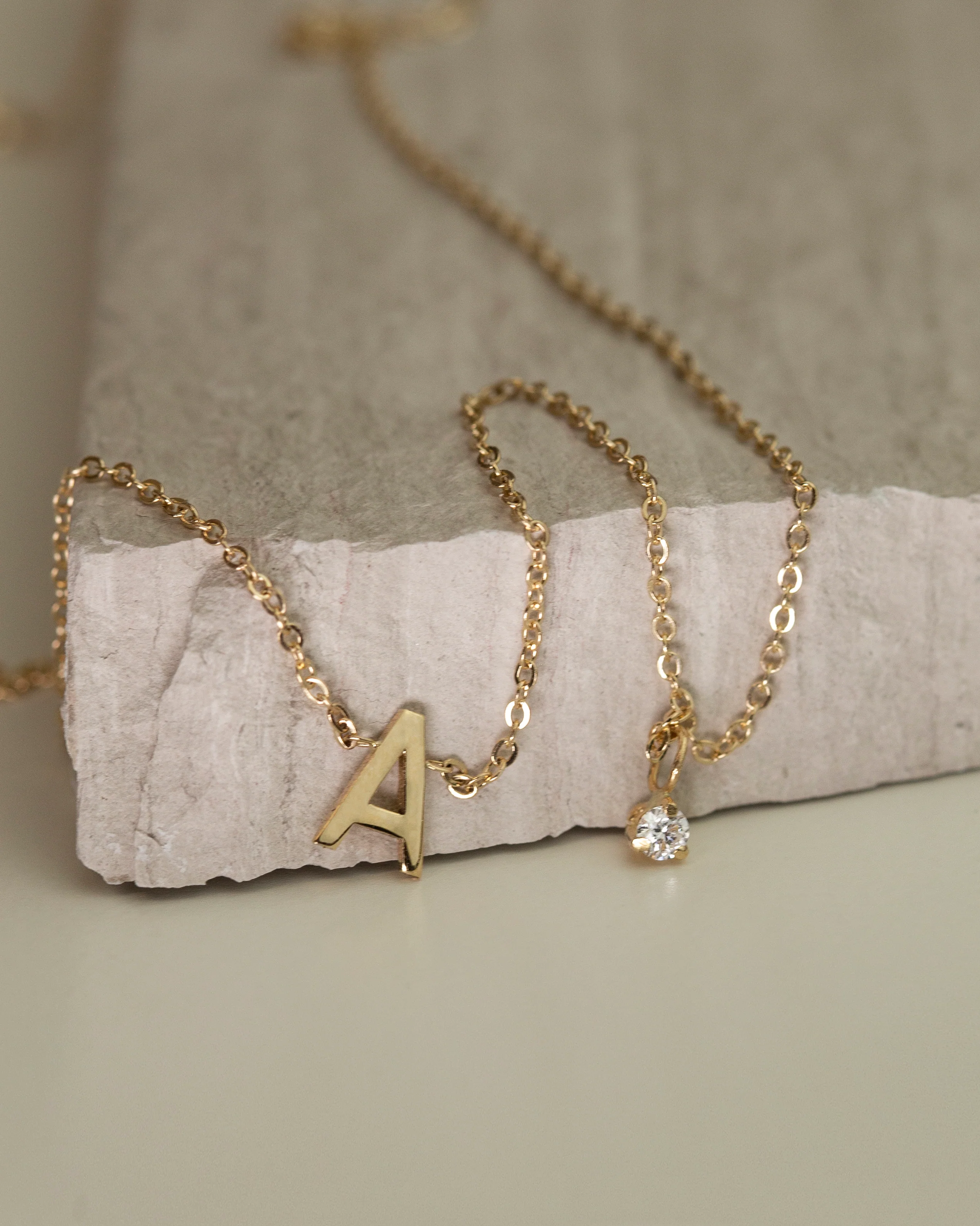 14k gold initial necklace with small side diamond dangle - Image 3