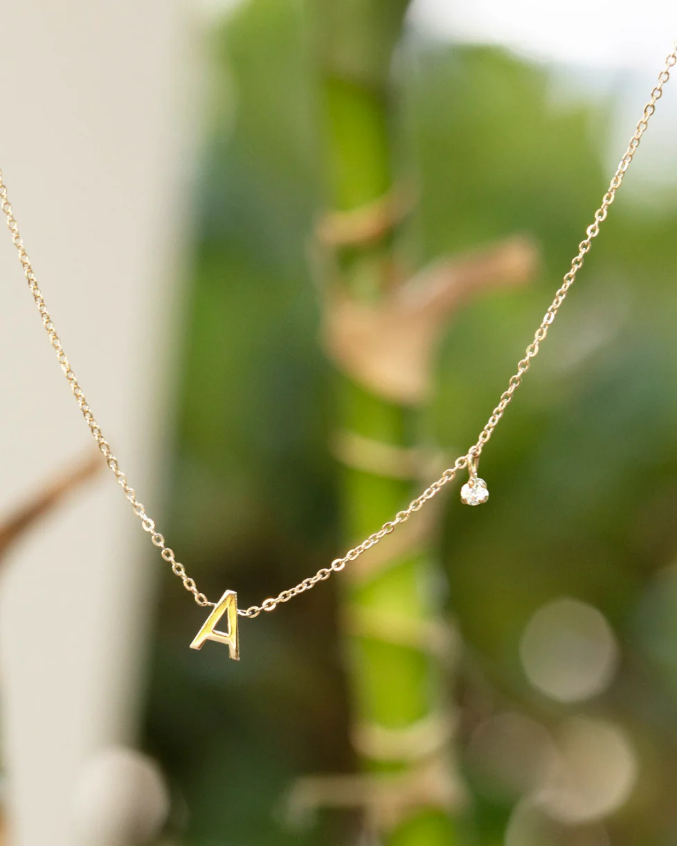 14k gold initial necklace with small side diamond dangle - Image 4