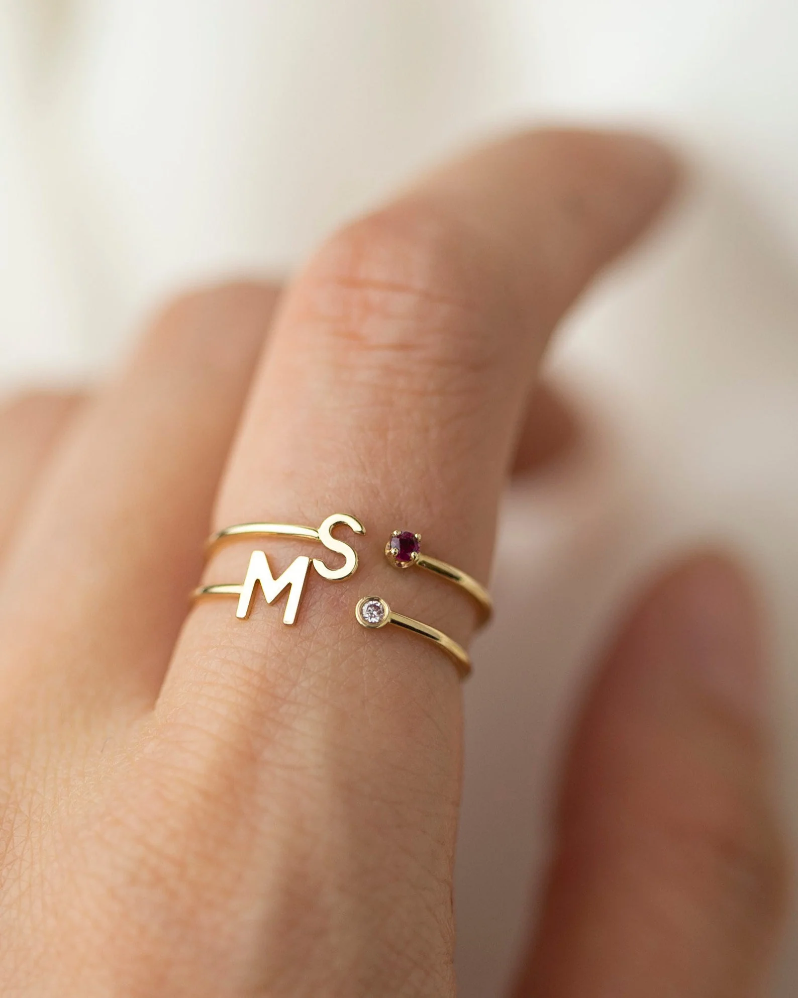 14k Gold Initial Ring with Birthstone - Image 2