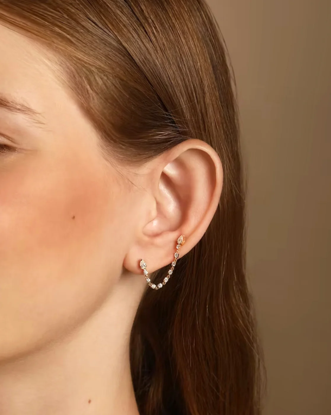 14K Gold Pear Diamond Double Piercing Chain Loop Earring - Image 3
