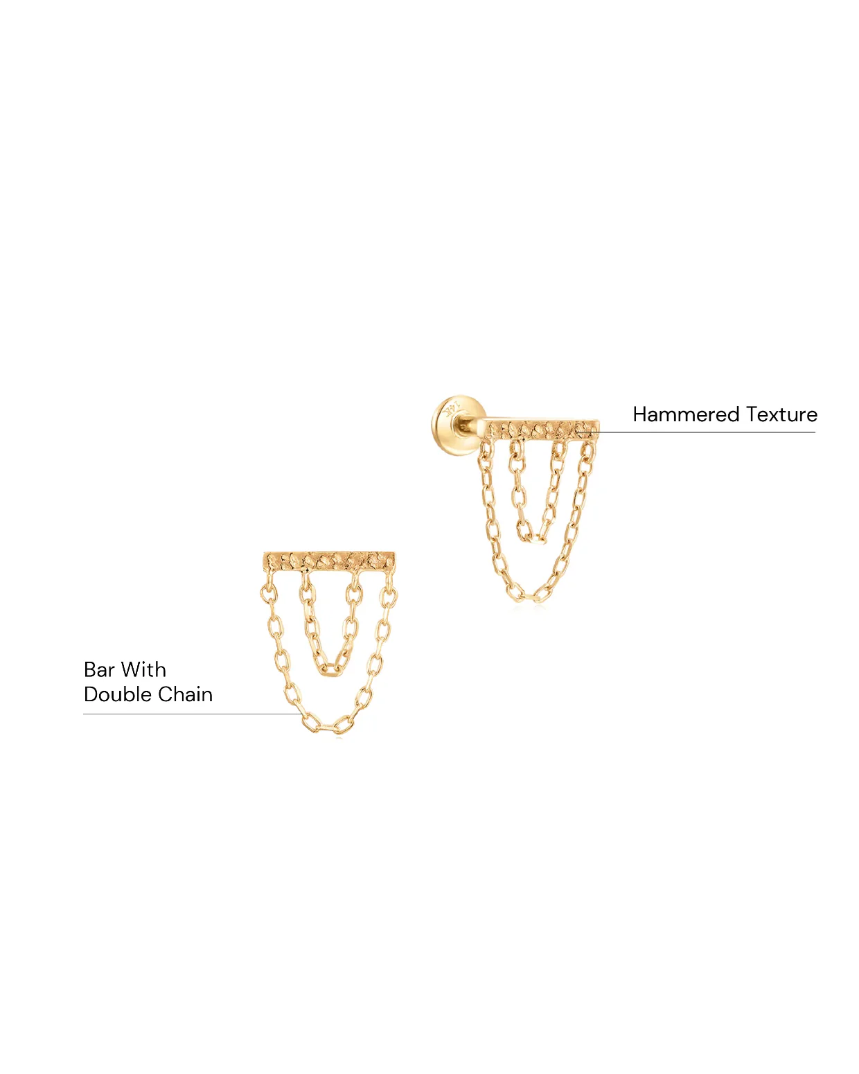 14k Hammered bar with double chain Ear Stud - Image 3