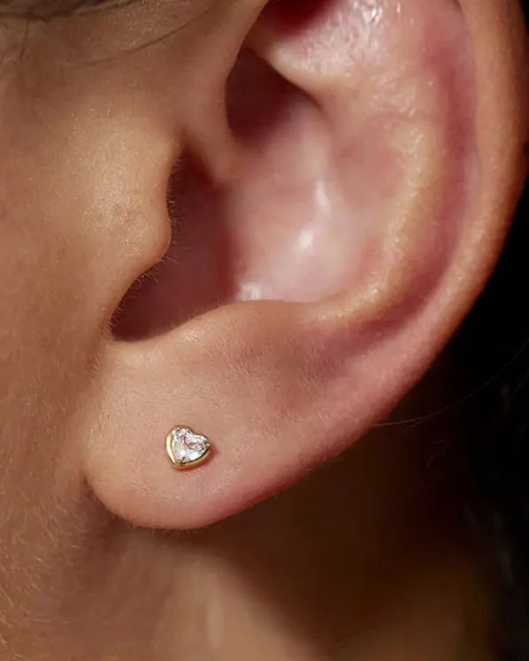 14k Heart White Topaz Stud Earring with screw flat back - Image 3