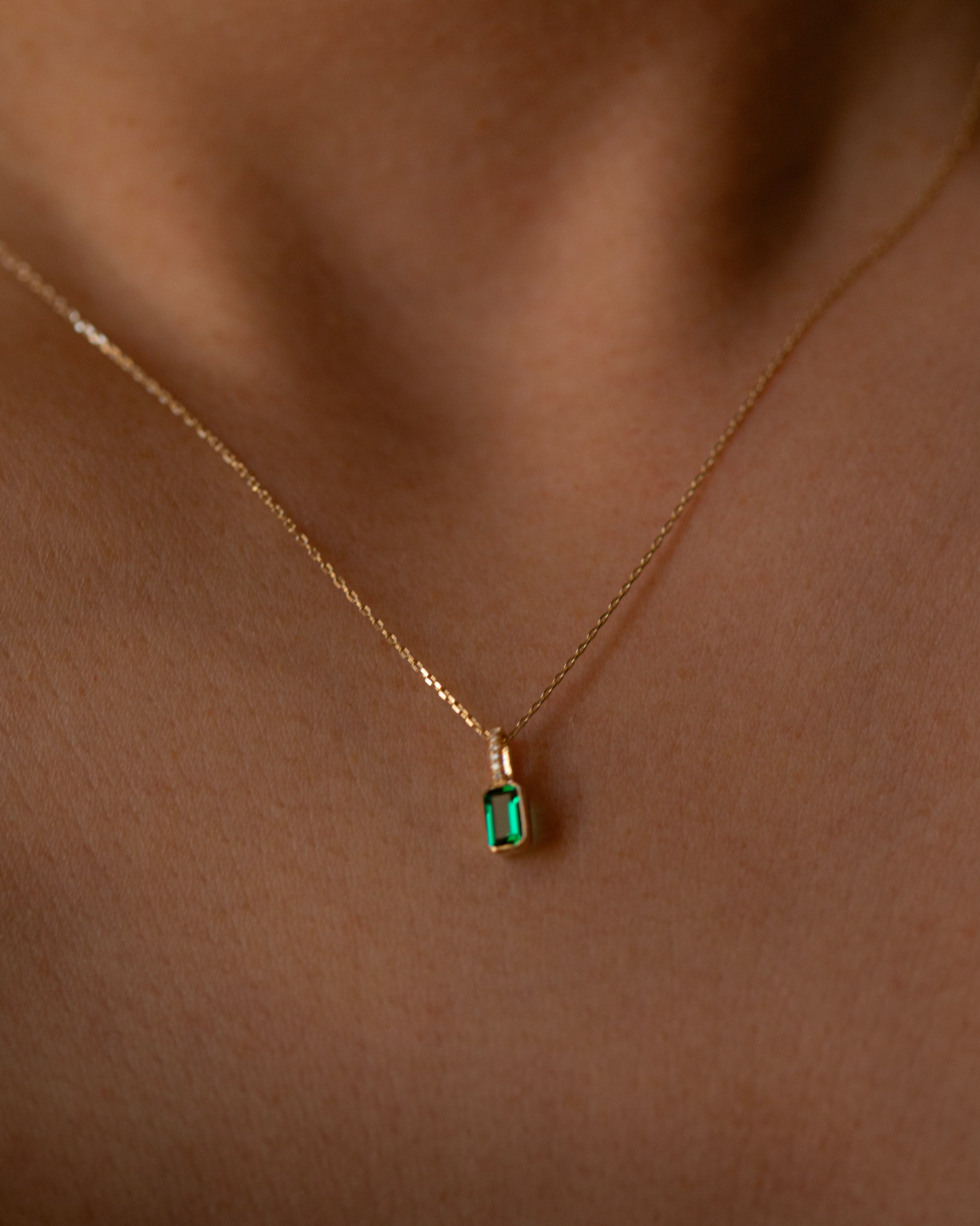 Emerald Bezel-Set Charm with Diamond Bail Necklace