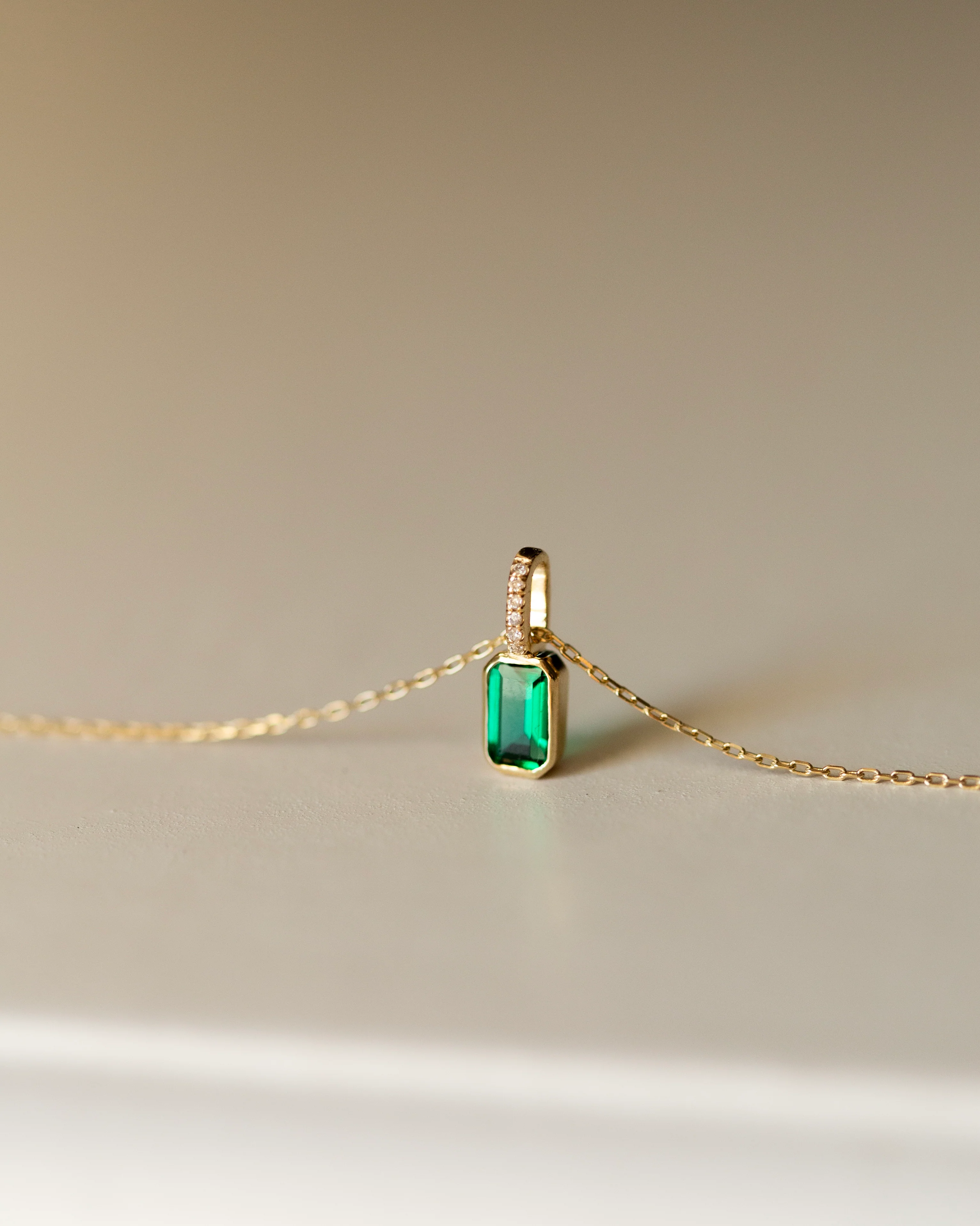 Emerald Bezel-Set Charm with Diamond Bail Necklace - Image 2