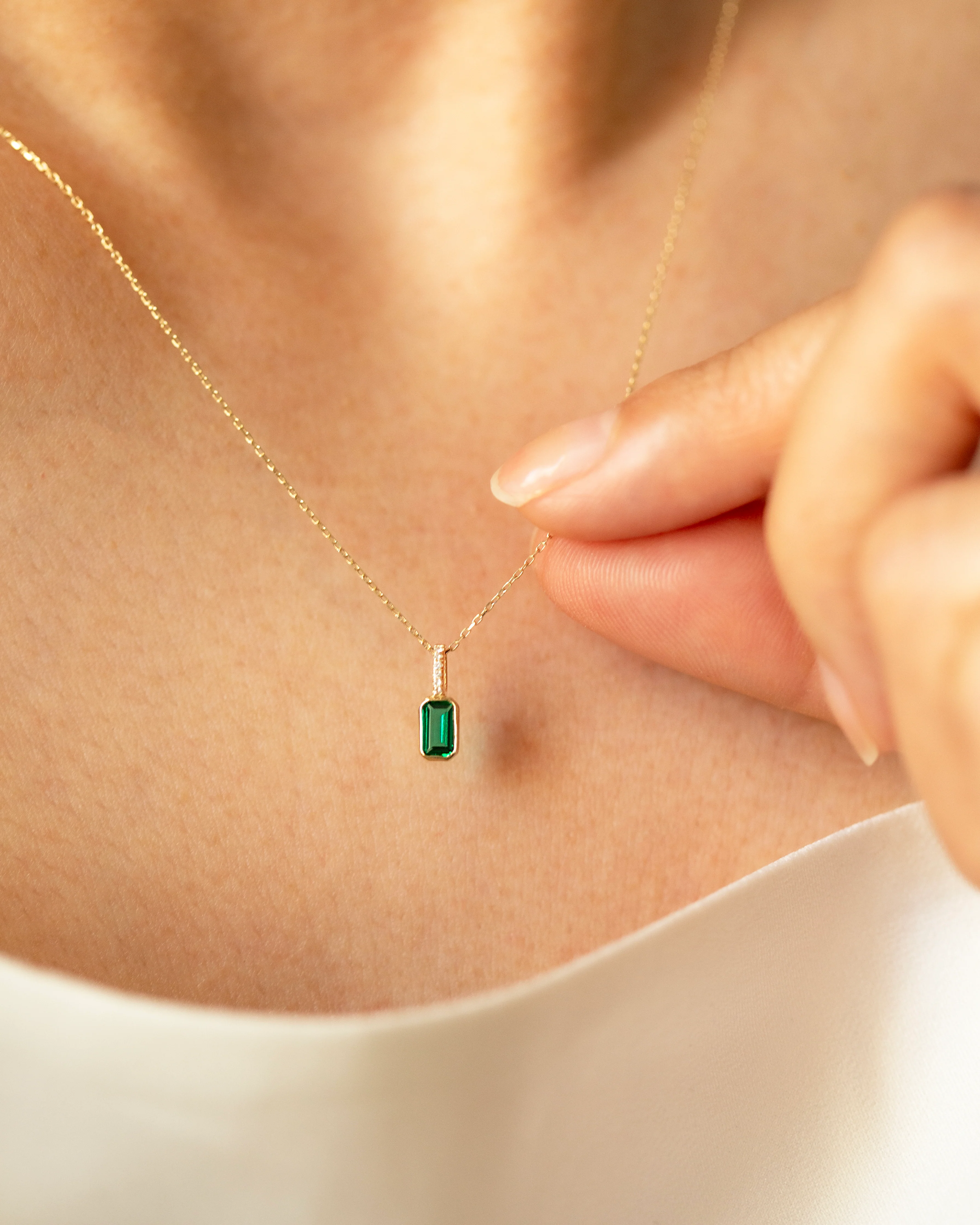 Emerald Bezel-Set Charm with Diamond Bail Necklace - Image 3