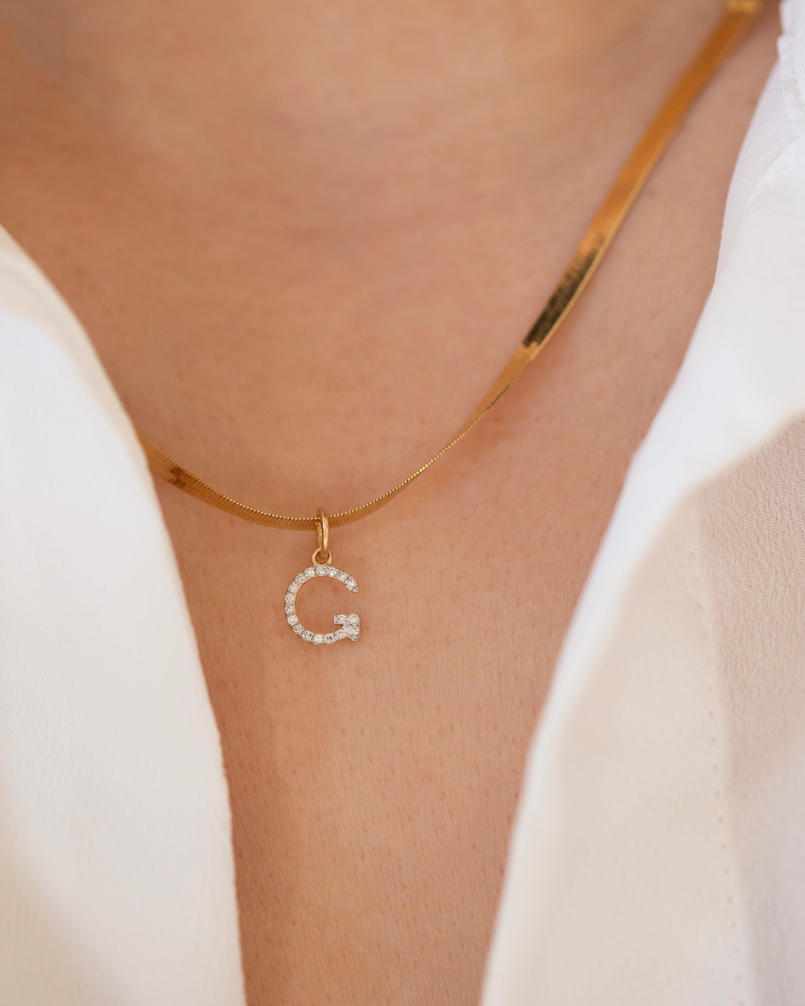 Genuine Diamond Initial on 14k Herringbone Chain Necklace - Image 8