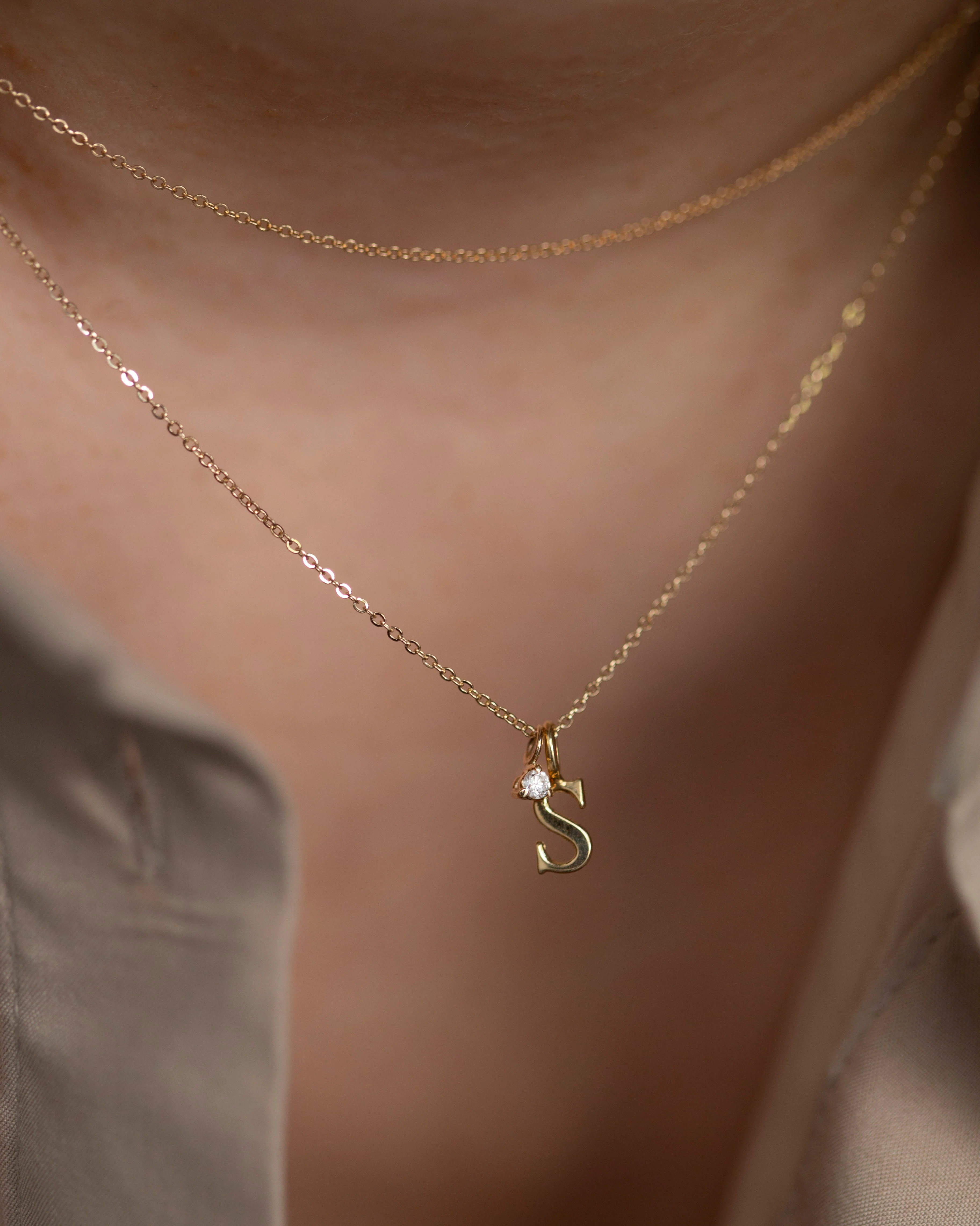 Initial Charm with  Baby Diamond Solitaire Necklace - Image 2