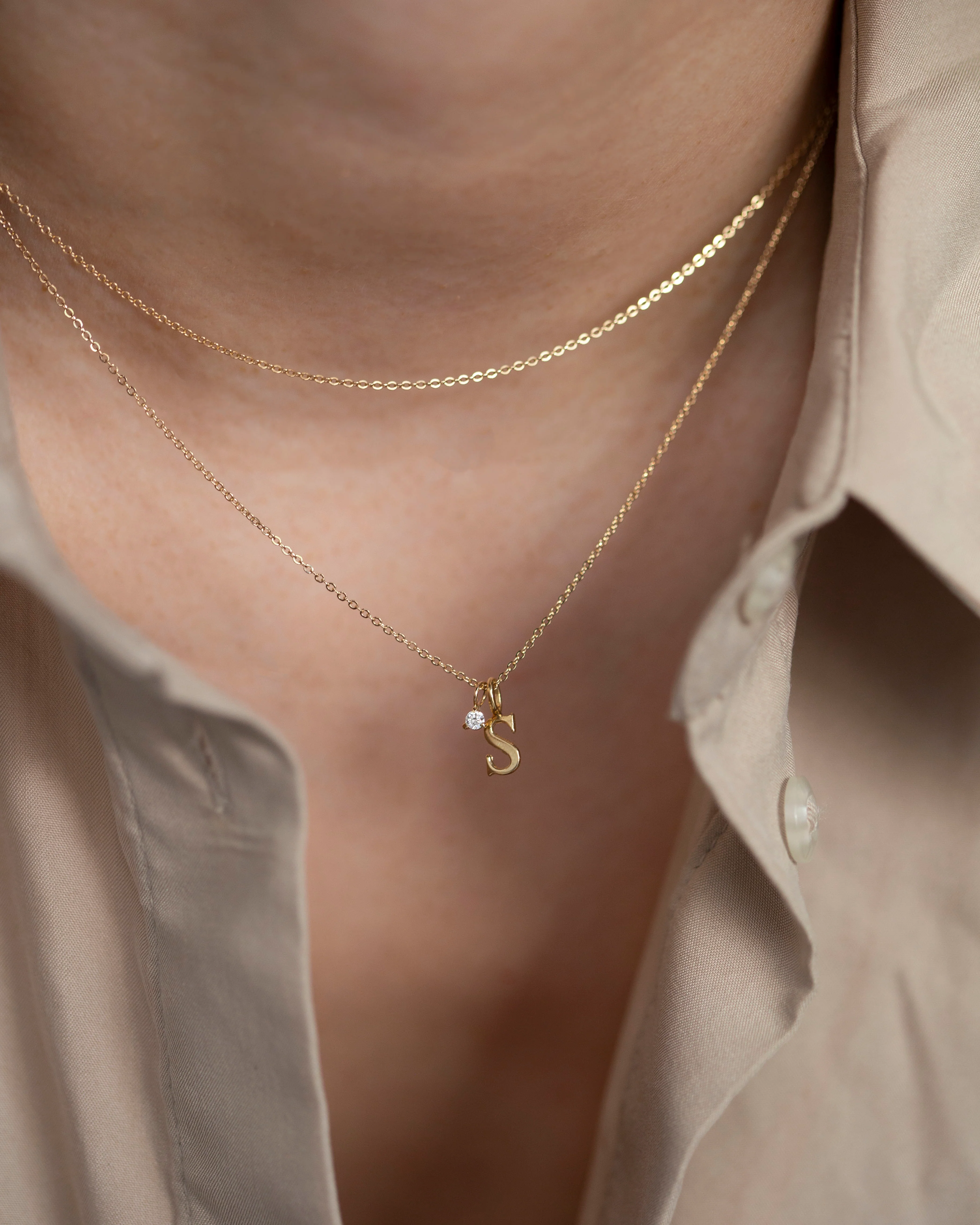 Initial Charm with  Baby Diamond Solitaire Necklace - Image 4