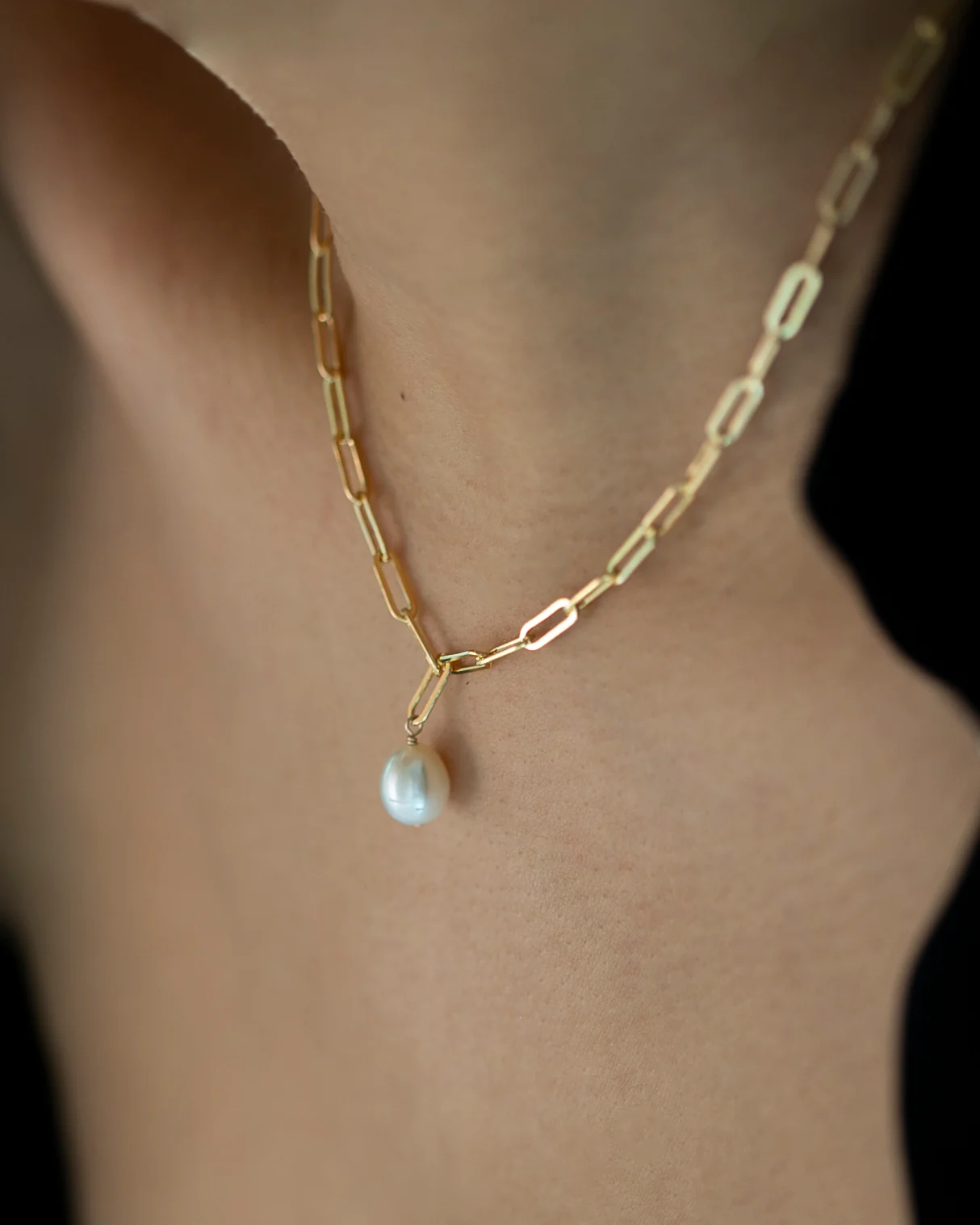 Link Pearl Necklace on Paper clip chain