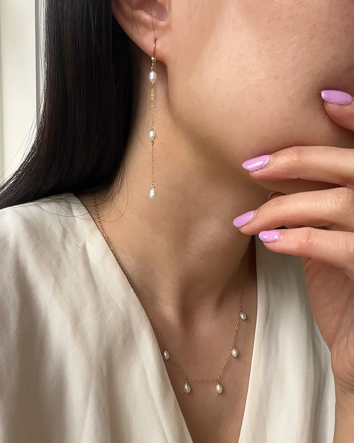 Natural Fresh Water Pearl Drop Earrings in 14k Solid Gold - Image 3