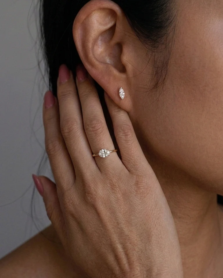 Oval Lab Diamond Ring East West Set in Solid 14k Gold - Image 3